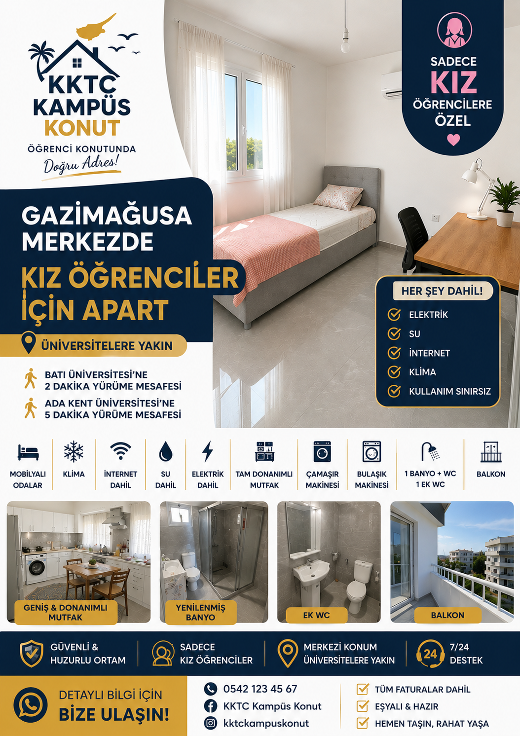 Kıbrıs batı üniversitesi ve Adakent üniversitesind 2 dk mesafede kiralık oda